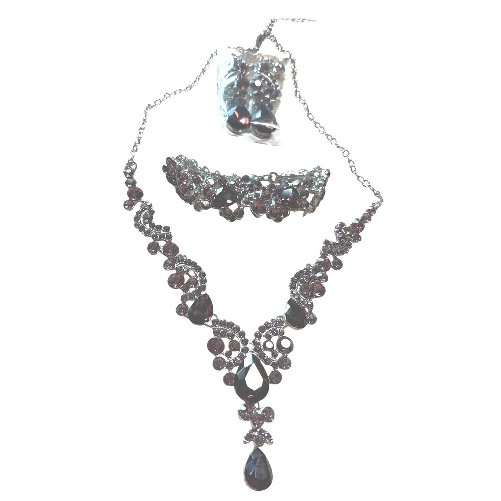 Ever Faith Purple Rhinestone Wedding Jewelry Set Necklace Bracelet Earrings Box‎